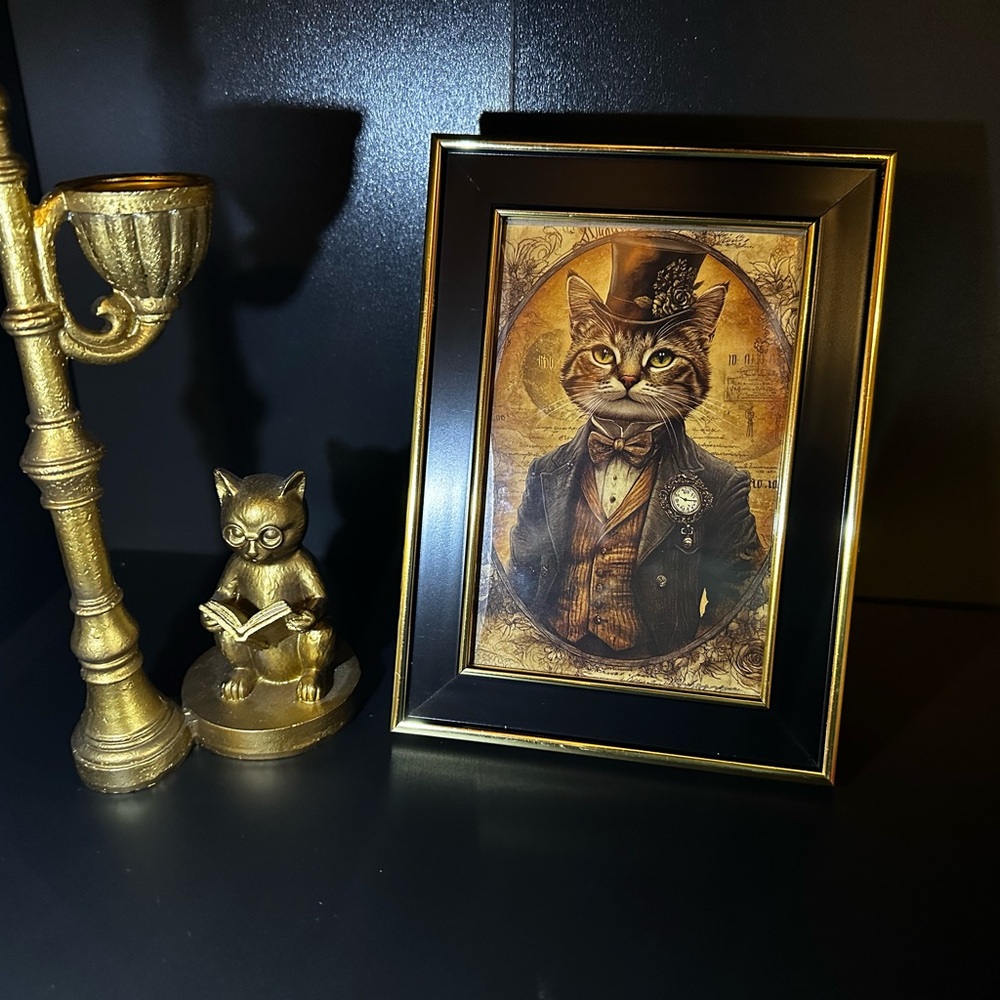 Steampunk Cat Art Print in Gold and Black Frame